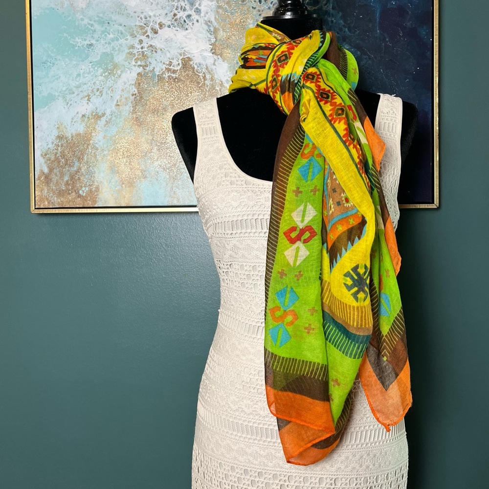 Bright Multicolor Tribal Print Scarf - Green & Orange